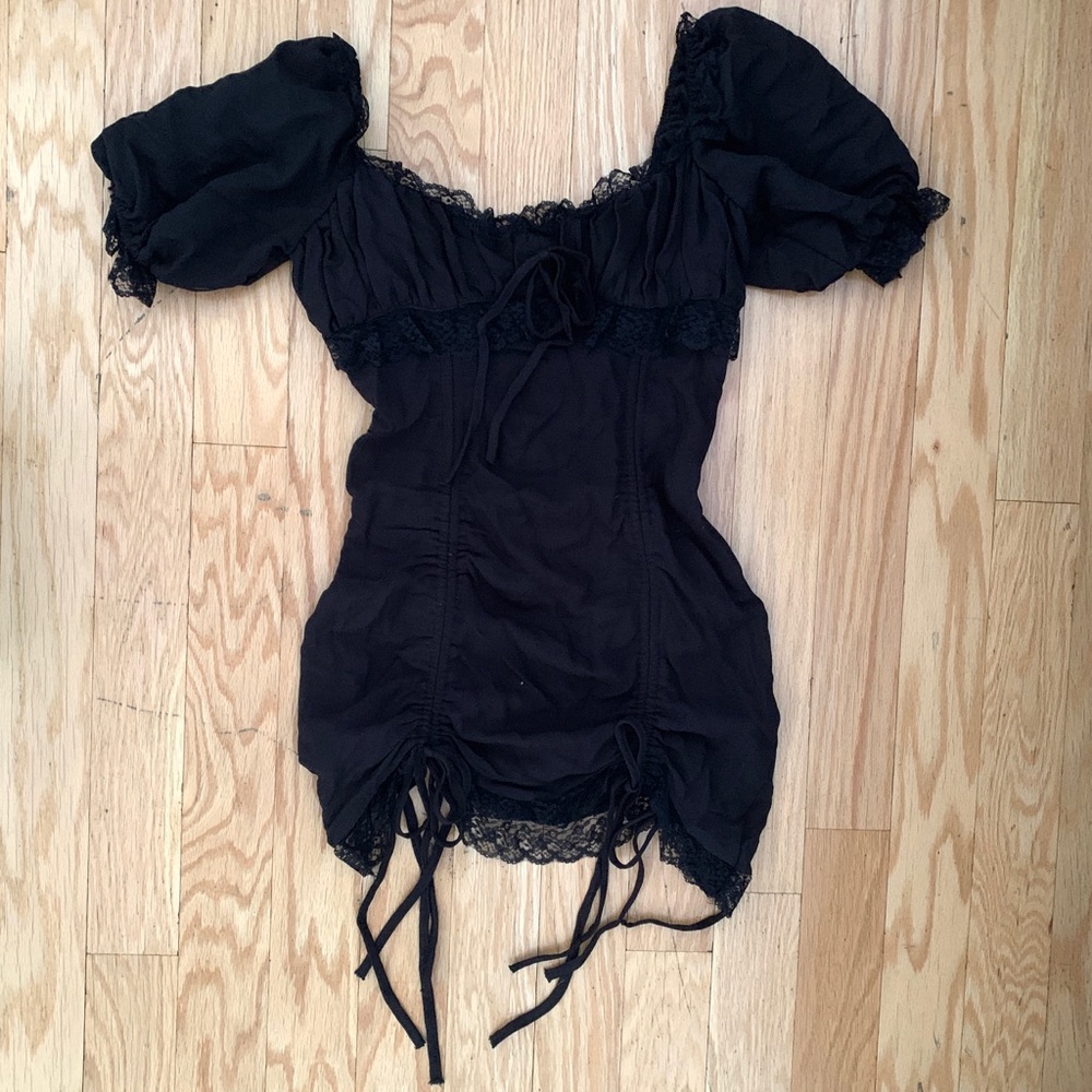 Black Ruched Lace Trim Mini Dress - Dolls Kill